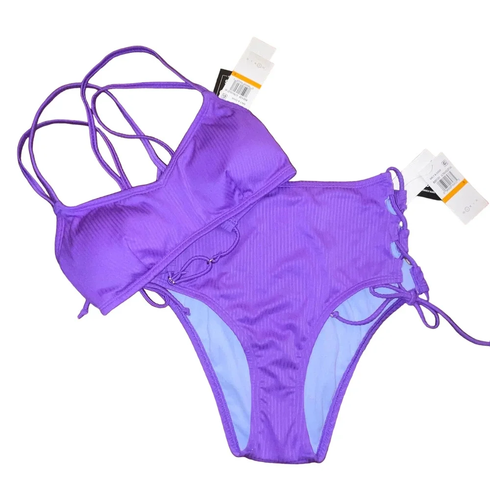 Salt + Cove Jrs' Raised Rib Strappy Bralette high waisted Bikini set, purple XS - Picture 1 of 11